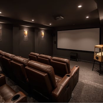 Basement media room with large screen, seating, and dim lighting