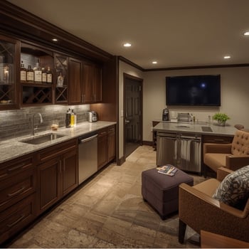 Finished basement with wet bar, cabinetry, and beverage fridge