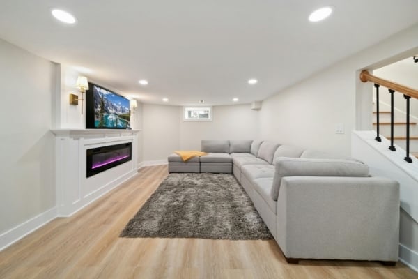 finished lower level with entertainment space and fireplace insert