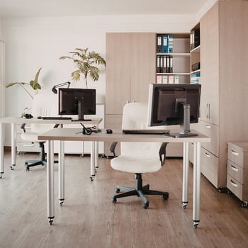 Basement home office with desk setup, lighting, and functional layout