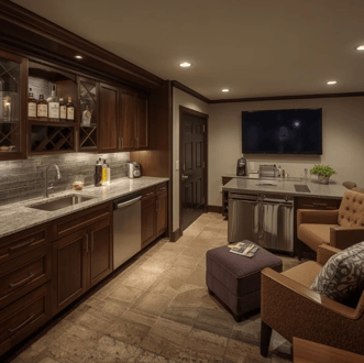 Image of a customized basement with wet bar, kitchen and television.
