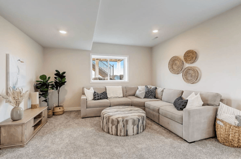 A fully furnished basement lounge with couch and entertainment area.